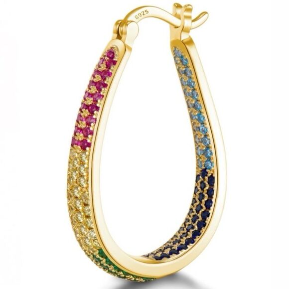 14K Yellow Gold Sterling Silver with Multicolored Cubic Zirconia Hoop Earrings - Picture 2 of 5